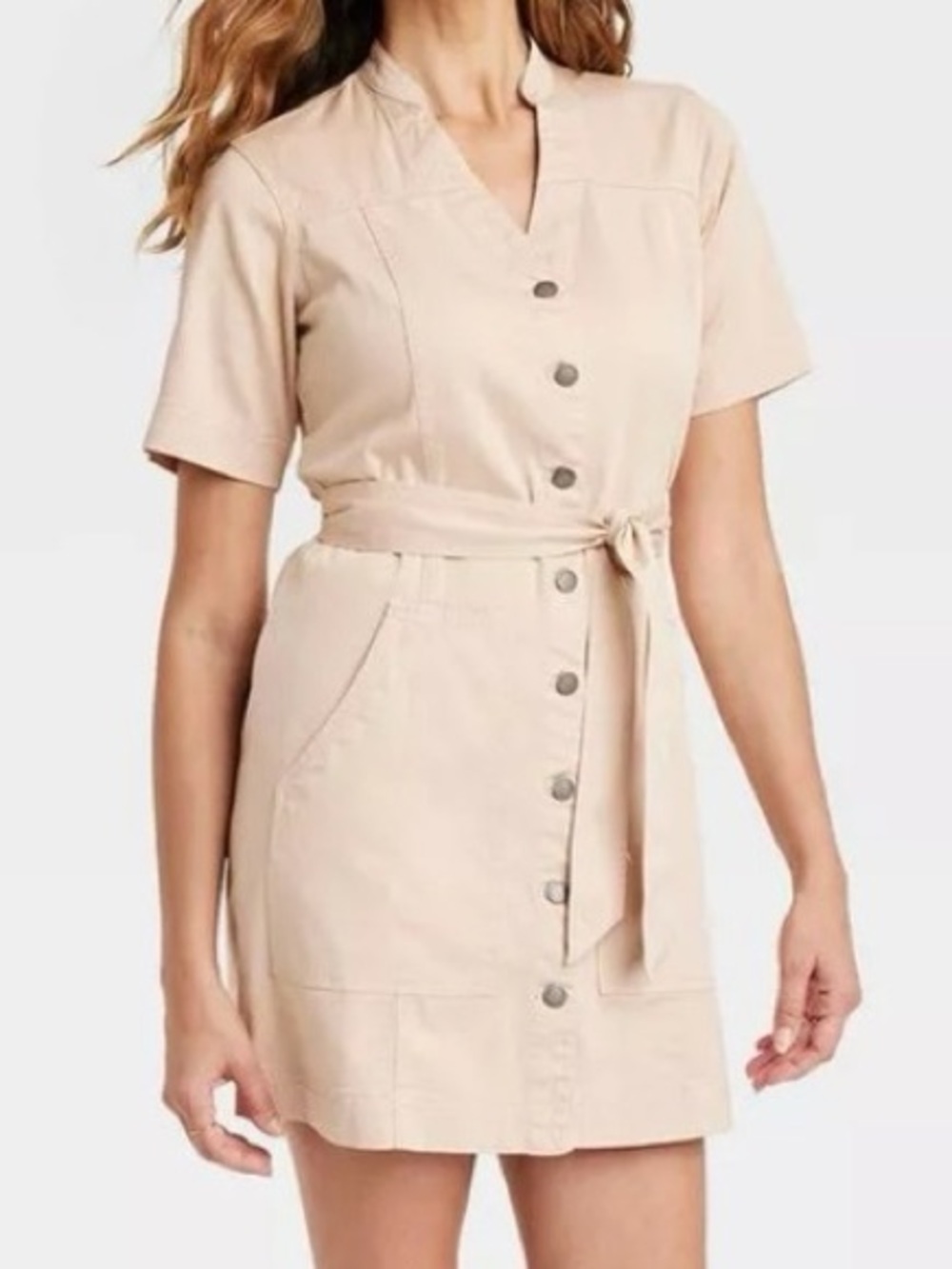 Women’s Neutral Button-Front Short Sleeve Dress with Tie Waist